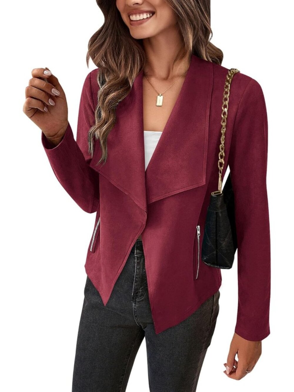 Womens Wine Red Faux Suede Open Front Waterfall Collar Long Sleeve Draped Jacket